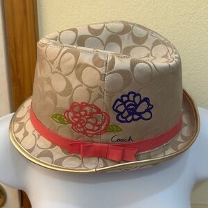 Coach Tan Hat with Floral Embroidery and Red Ribbon
